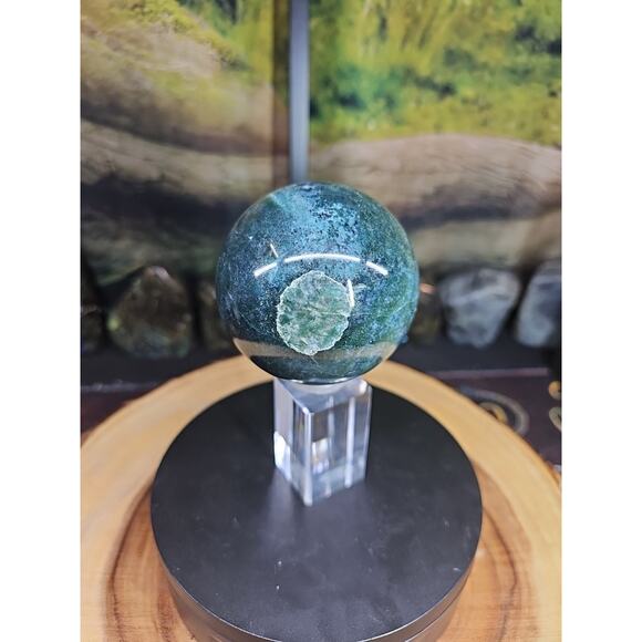 Natural Moss Agate Quartz Crystal Sphere Polished 73mm W/stand 1.16lb - Picture 5 of 9